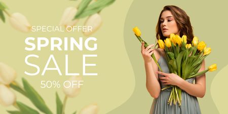 Plantilla de diseño de Oferta de rebajas de primavera con mujer con ramo de tulipanes en verde Twitter 
