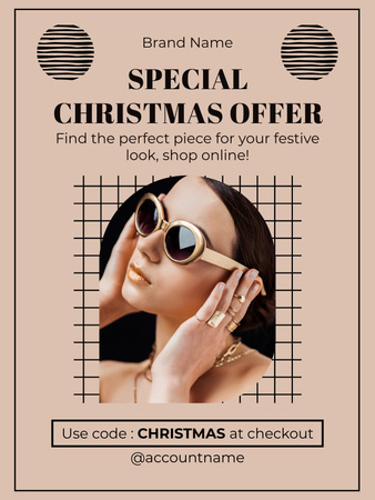 Designvorlage Weihnachtsverkaufsangebot Schöne Frau mit Sonnenbrille für Poster US