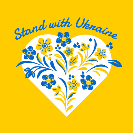 Stand with Ukraine Quote with Floral Heart on Yellow Instagram Tasarım Şablonu