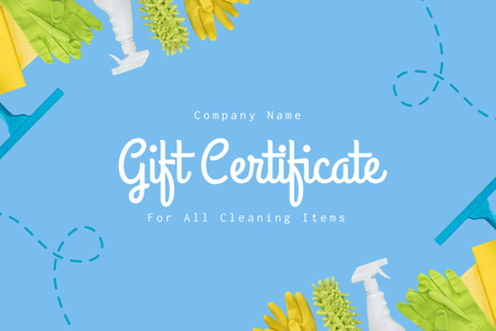 Detergents and Cleaning Accessories on Blue Gift Certificate Design Template