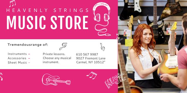Music Store Ad Woman Selling Guitar Image Design Template