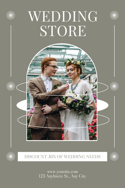 Wedding Store Ad with Beautiful Сouple in Botanical Garden Pinterest Design Template