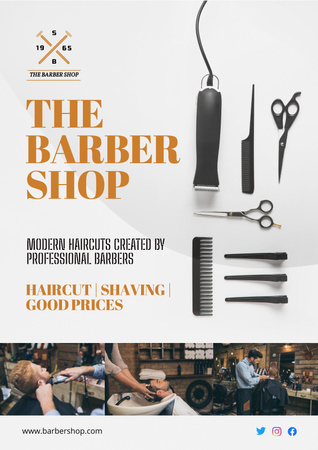 Barber Shop Ad with Hairdressing Tools Poster Πρότυπο σχεδίασης