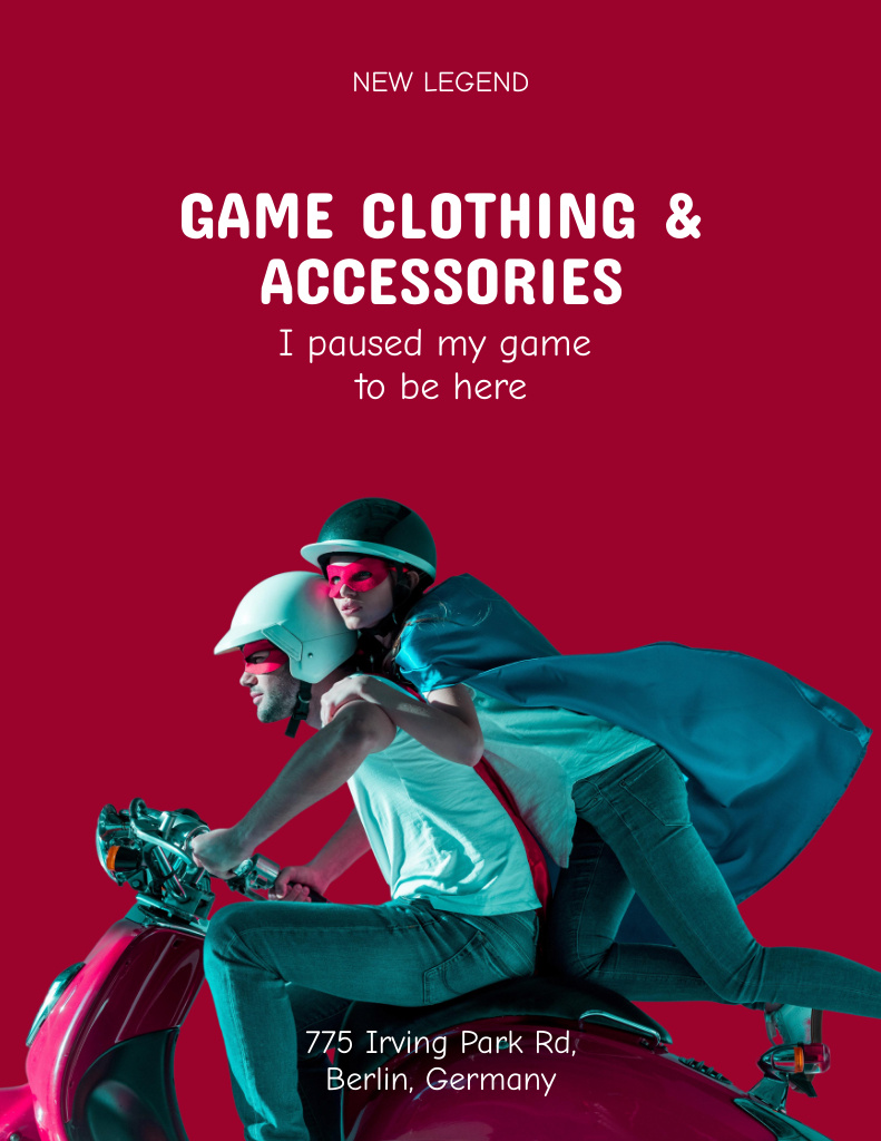 Gaming Merch Ad with Couple on Red Scooter Poster 8.5x11in Design Template