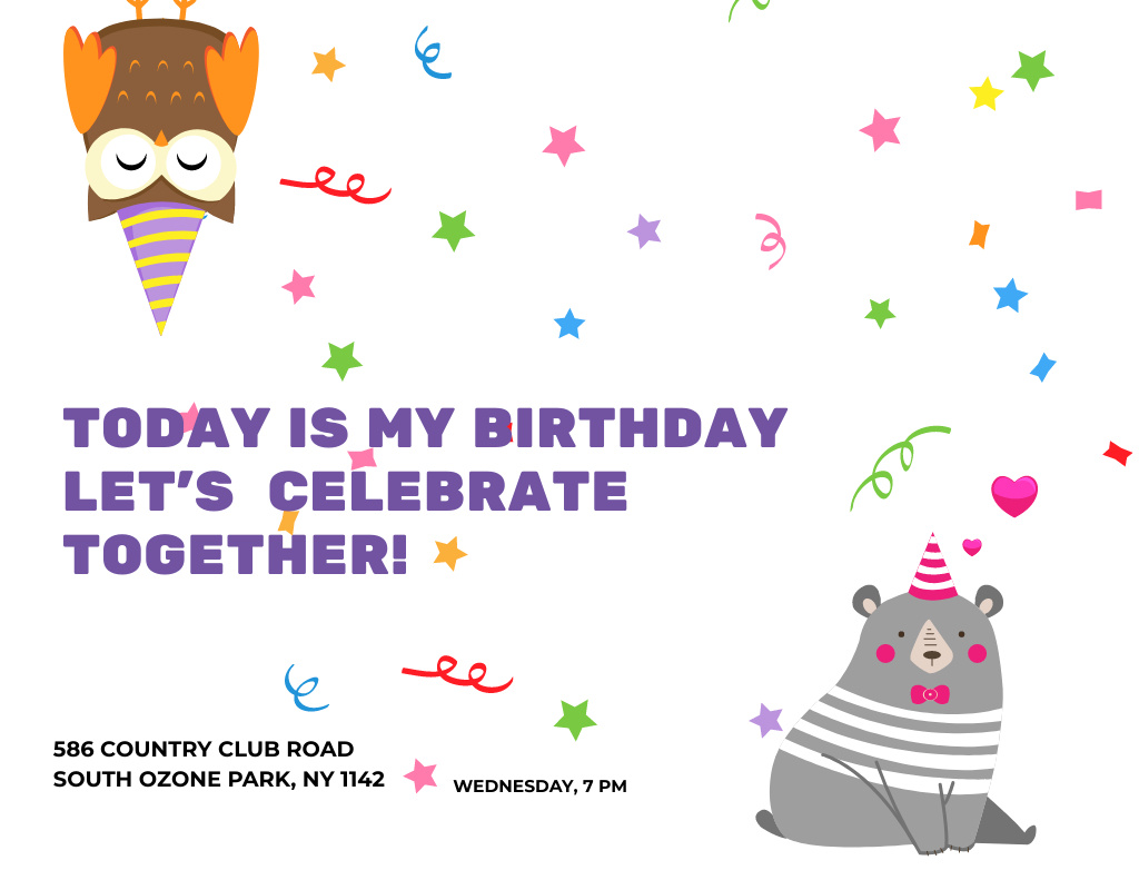Plantilla de diseño de Birthday Celebration Invitation with Cute Party Animals Flyer 8.5x11in Horizontal 