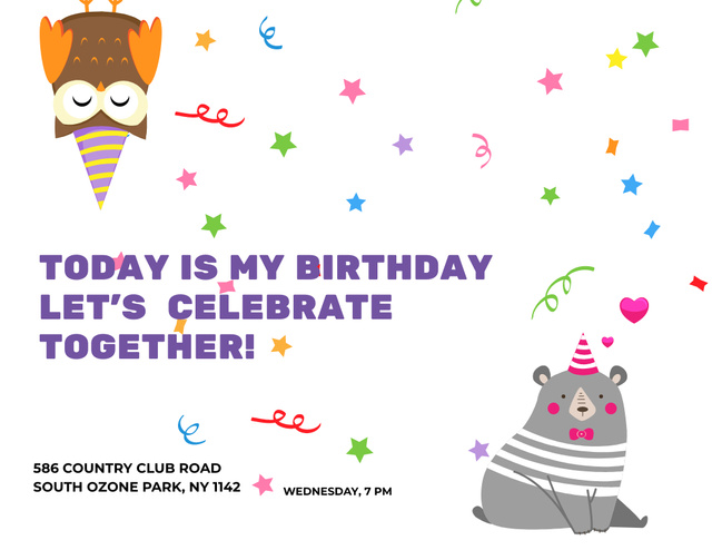 Birthday Celebration Invitation with Cute Party Animals Flyer 8.5x11in Horizontal Design Template
