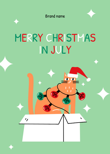 Cheerful Christmas In July Greeting With Cute Cat In Box Postcard 5x7in Vertical Tasarım Şablonu