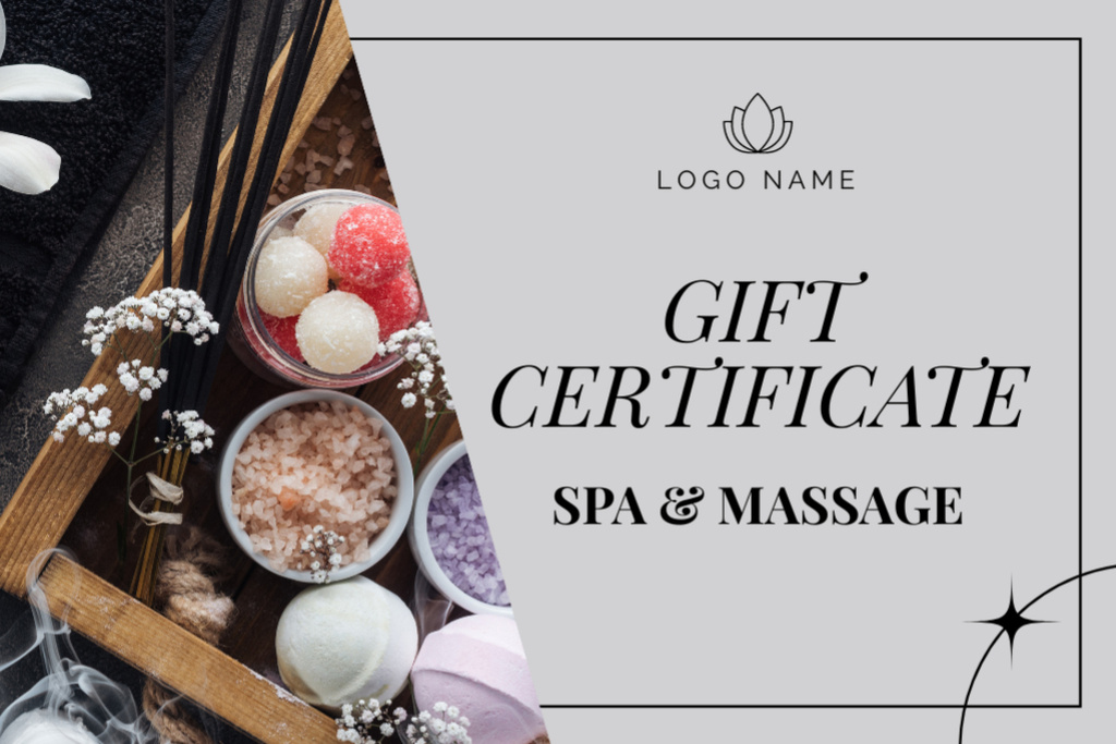 Ontwerpsjabloon van Gift Certificate van Massage and Spa Center Ad with Homemade Soap and Sea Salt