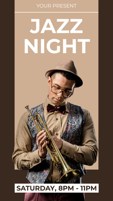 Jazz Night Announcement with Young Trumpeter Instagram Story Modelo de Design