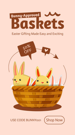 Easter Discount Offer with Cute Bunnies in Basket Instagram Video Story Design Template