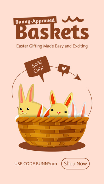 Easter Discount Offer with Cute Bunnies in Basket Instagram Video Storyデザインテンプレート