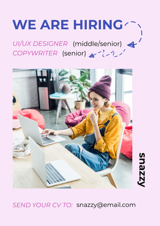 Template di design annuncio di posto vacante con ragazza creativa che lavora al computer portatile Poster