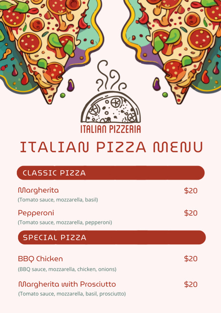 Offer Classic and Special Italian Pizza Menuデザインテンプレート