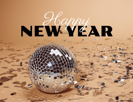 Plantilla de diseño de Saludo de vacaciones de año nuevo con confeti y bola de discoteca Postcard 4.2x5.5in 