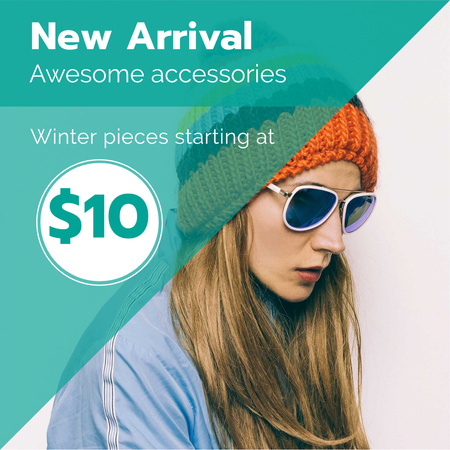 Winter Sale with Girl in hat and sunglasses Instagram AD Πρότυπο σχεδίασης