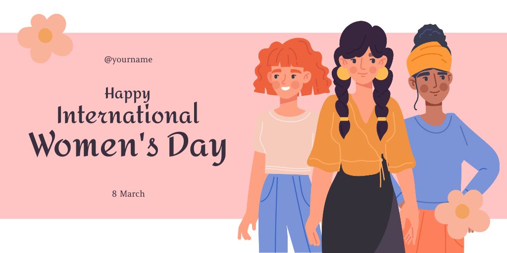 International Women's Day Greeting with Diverse Young Women Twitter Design Template