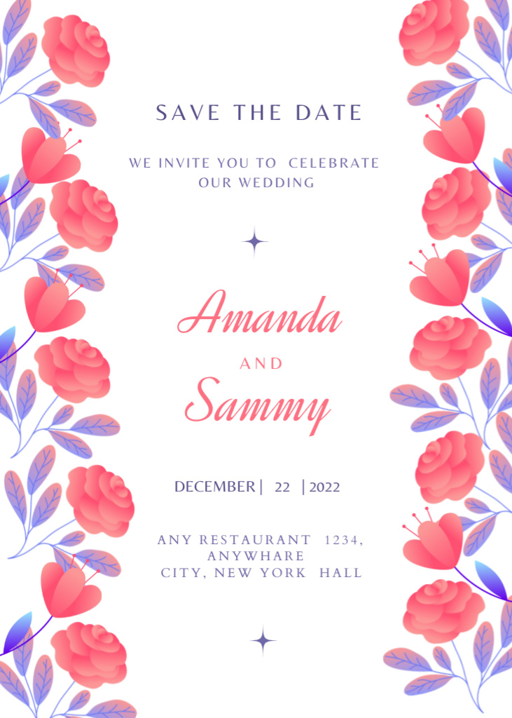 Wedding Event Announcement With Red Illustrated Flowers Postcard 5x7in Vertical Modelo de Design