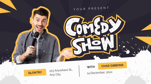 Comedy Show Ad with Young Smiling Guy Performer FB event cover – шаблон для дизайна