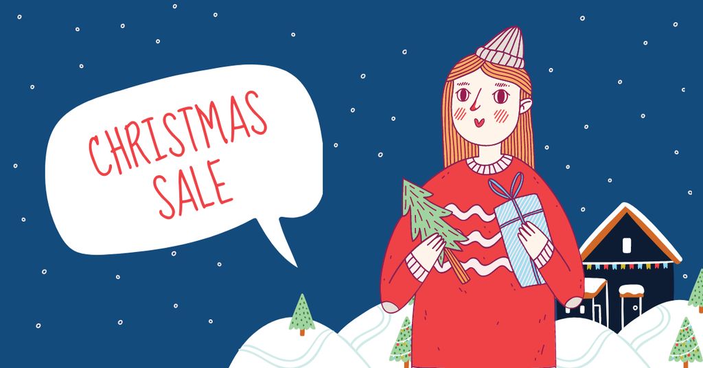 Christmas Sale with Cute Girl holding Gifts Facebook AD Design Template