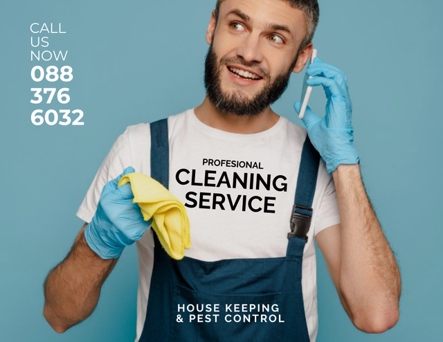 Ontwerpsjabloon van Flyer 8.5x11in Horizontal van Cleaning Service Offer with Cleaner talking on Phone