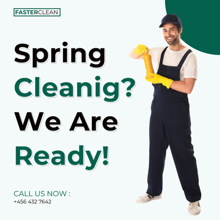 Affordable Cleaning Service Ad with Man in Uniform Instagram AD Design Template