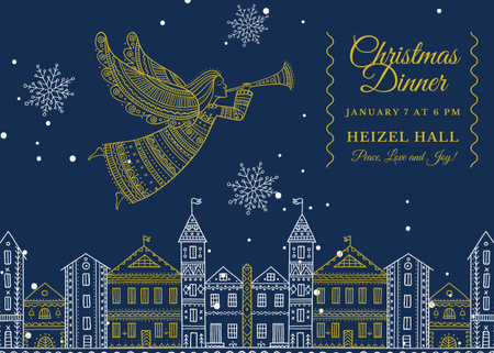 Plantilla de diseño de Invitación a la Cena de Navidad con Ángel sobre la Ciudad Flyer 5x7in Horizontal 