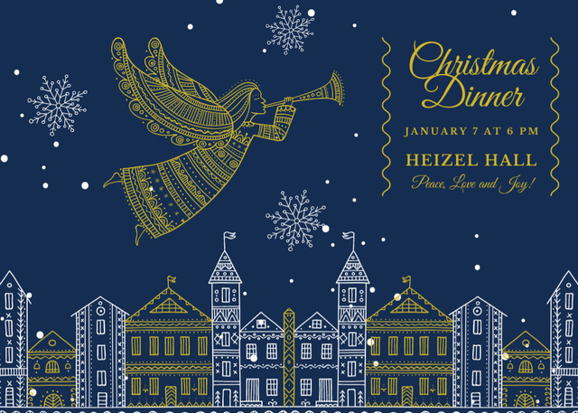 Christmas Dinner Invitation with Angel over City Flyer 5x7in Horizontal Design Template