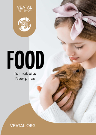 Designvorlage Tiernahrungsangebot mit Mädchen mit Hase für Flyer A6