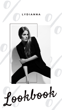 Designvorlage Frau im schwarzen Outfit auf Weiß für Instagram Story