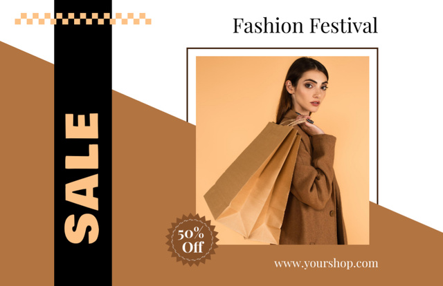 Szablon projektu Fashion Festival Ad with Stylish Woman in Brown Flyer 5.5x8.5in Horizontal