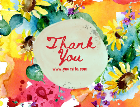 Texto de agradecimento com flores brilhantes em aquarela e mensagem manuscrita Thank You Card 5.5x4in Horizontal Modelo de Design