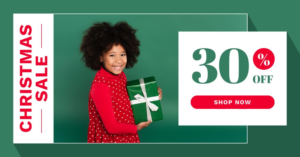 Happy Mixed Race Kid on Christmas Sale Green Facebook AD Modelo de Design