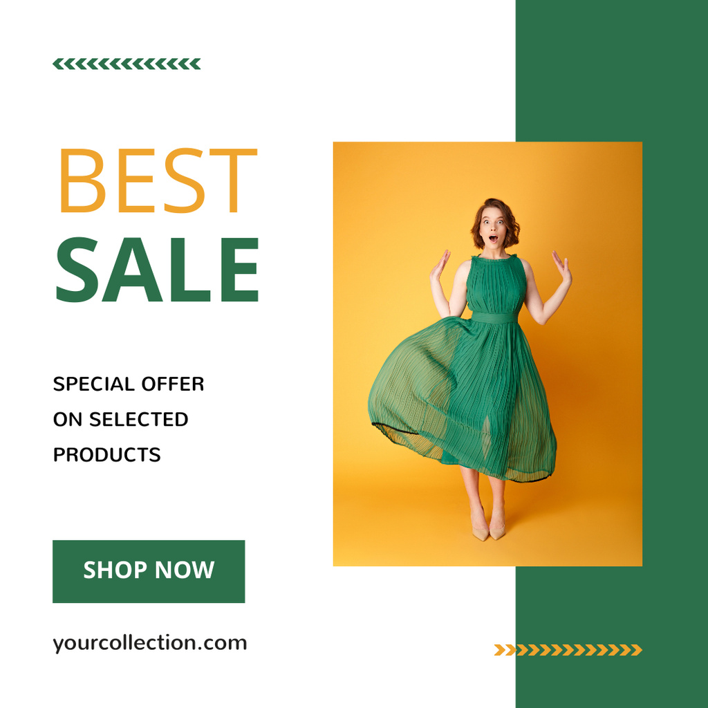 Szablon projektu Fashion Clothes Sale with Woman in Green Instagram