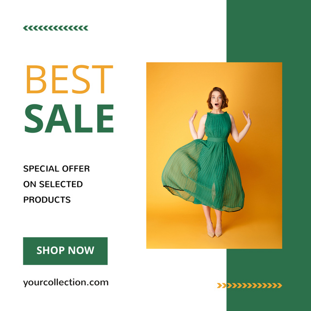 Ontwerpsjabloon van Instagram van Fashion Clothes Sale with Woman in Green