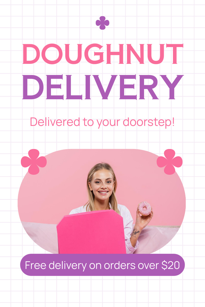 Special Offer of Doughnut Delivery with Smiling Woman Pinterest Design Template