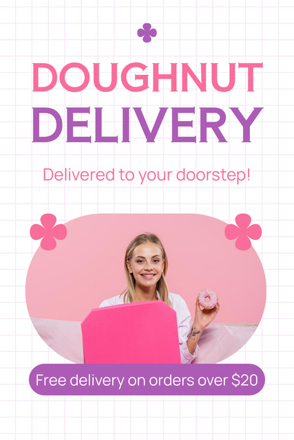 Szablon projektu Special Offer of Doughnut Delivery with Smiling Woman Pinterest
