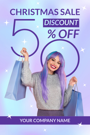 Plantilla de diseño de mujer sonriente, con, pelo púrpura, tenencia, bolsas de compras Pinterest 