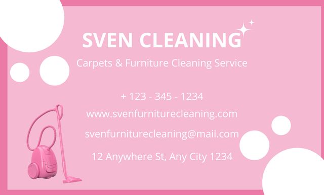 Cleaning Services Ad with Vacuum Cleaner on Pink Business Card 91x55mm Modelo de Design