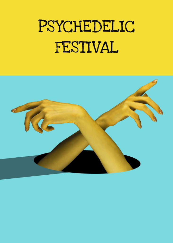 Ontwerpsjabloon van Postcard 5x7in Vertical van Psychedelic Festival Announcement with Image of Hands