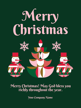Modèle de visuel Souhaits de Noël avec arbre stylisé et bonhommes de neige - Poster US