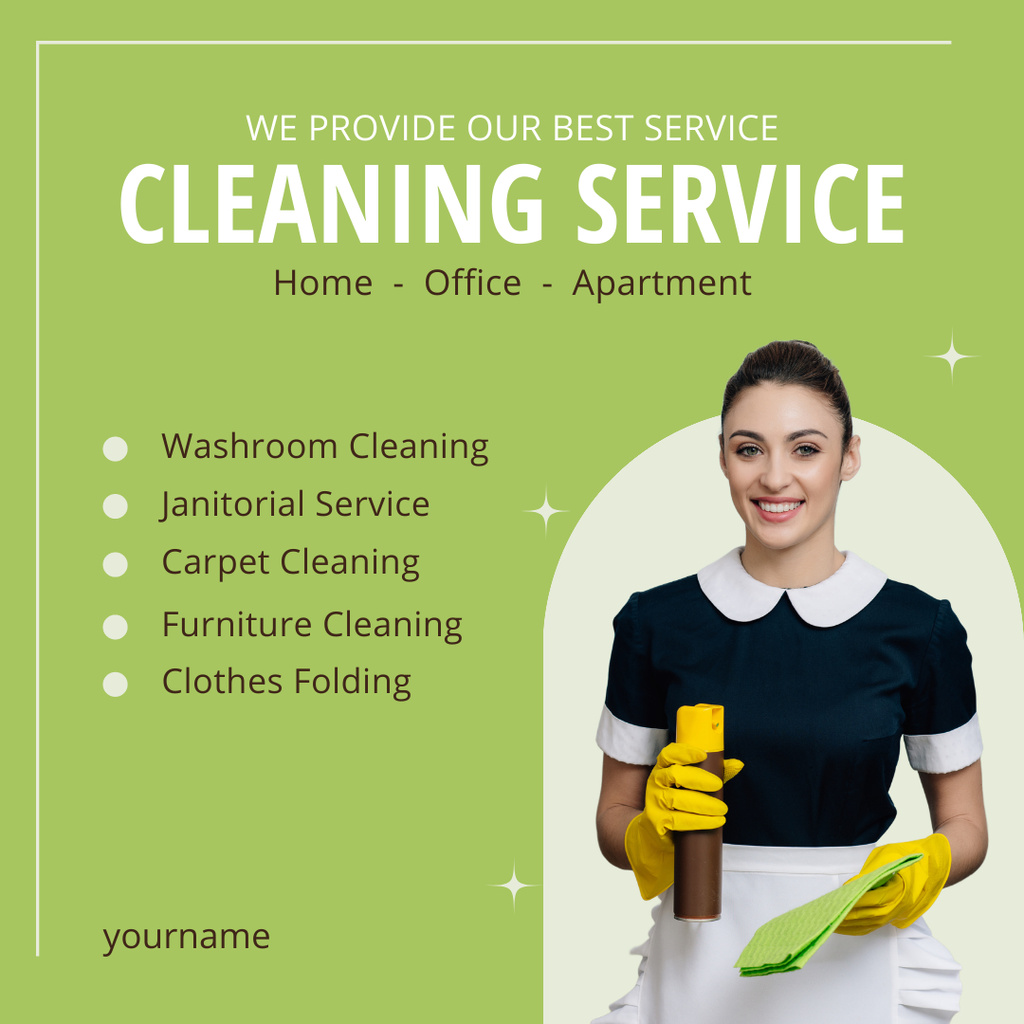 Platilla de diseño Thorough Cleaning Services Offer with Smiling Woman Instagram AD