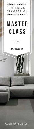 Interior Decoration Event Announcement with Sofa in Grey Skyscraper Design Template