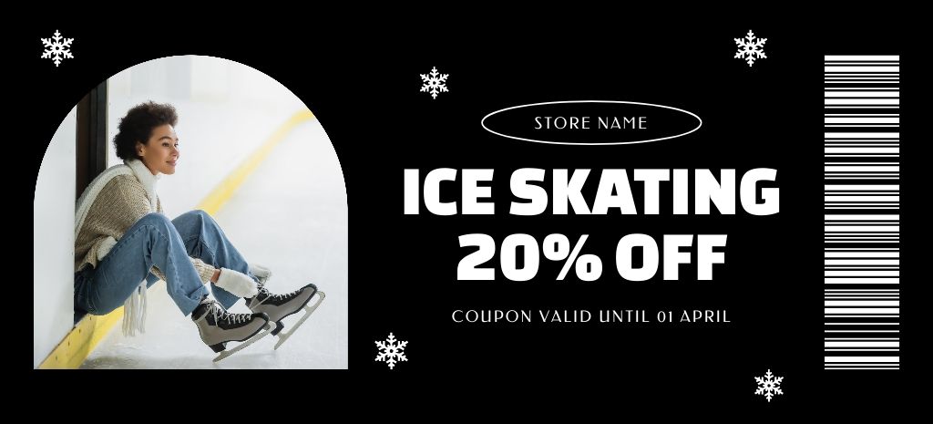Ice Skating With Discounts Offer In Black Coupon 3.75x8.25in Design Template