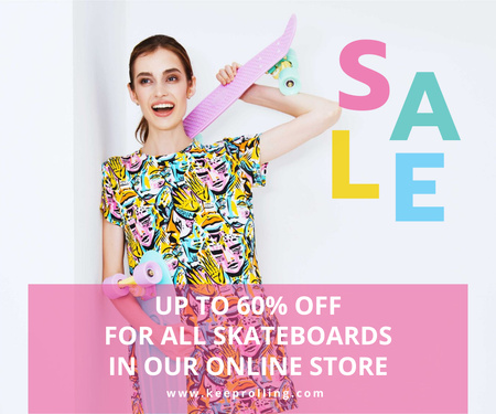 Sports Equipment Ad Girl with Bright Skateboard Large Rectangle Design Template