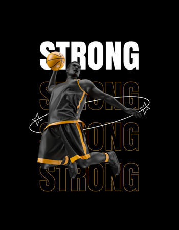 強いバスケットボール選手がボールを投げる T-Shirtデザインテンプレート