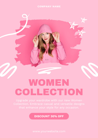 Ihana vaaleanpunainen muotikokoelma naisille alennuksella Poster Design Template