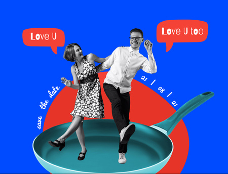 Platilla de diseño Funny Loving Couple Dancing On Pan Postcard 4.2x5.5in