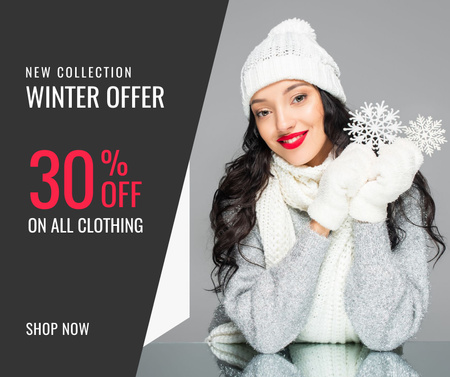 Winter Offer with Girl in Warm Outfit Facebook Tasarım Şablonu