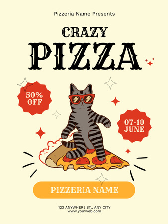 Ontwerpsjabloon van Poster US van Korting voor Crazy Pizza met kat in zonnebril