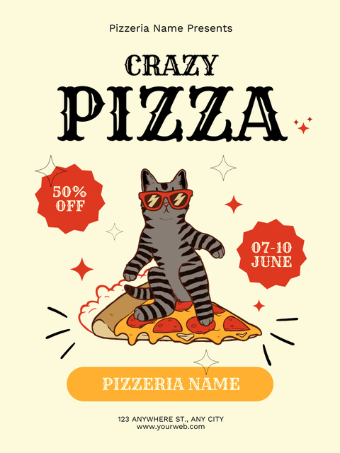 Discount for Crazy Pizza with Cat in Sunglasses Poster US Modelo de Design